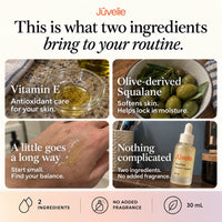 Vitamin E and olive-derived squalane. Two ingredients for your daily routine.