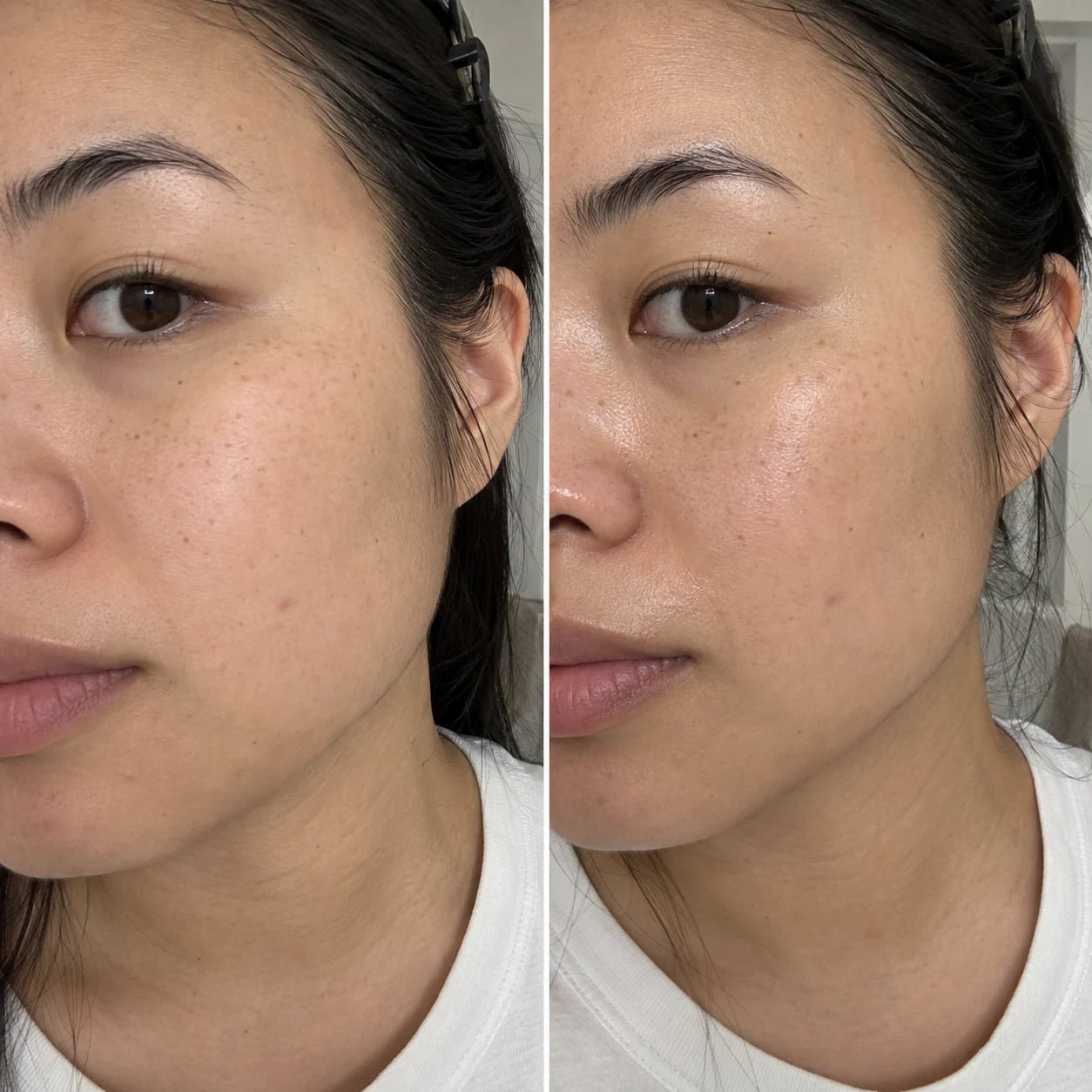 Two close-up phone photographs comparing a matte and dewy cheek finish